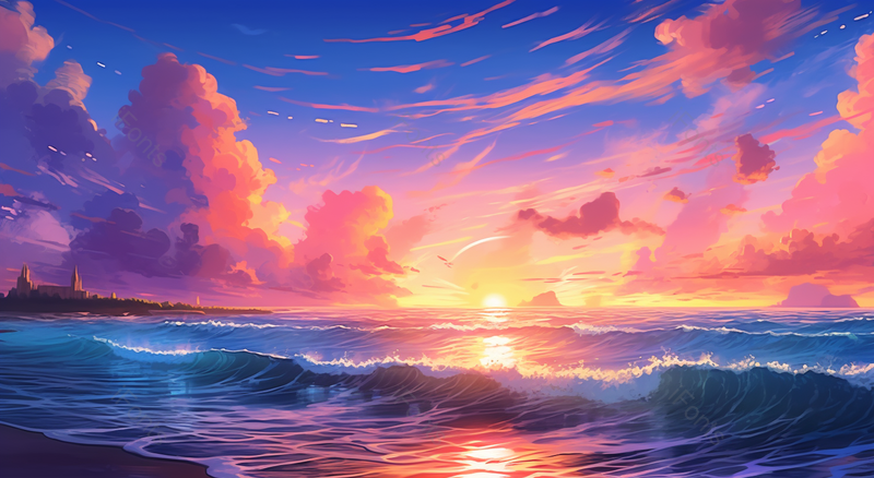 黄昏下的海边浪花风景插图,插画/手绘图,插画/手绘图库,插画/手绘图下载,插画/手绘